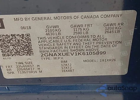 2019 Chevrolet Equinox Lt z USA, uszkodzony, nr VIN 2GNAXUEV1K6105899